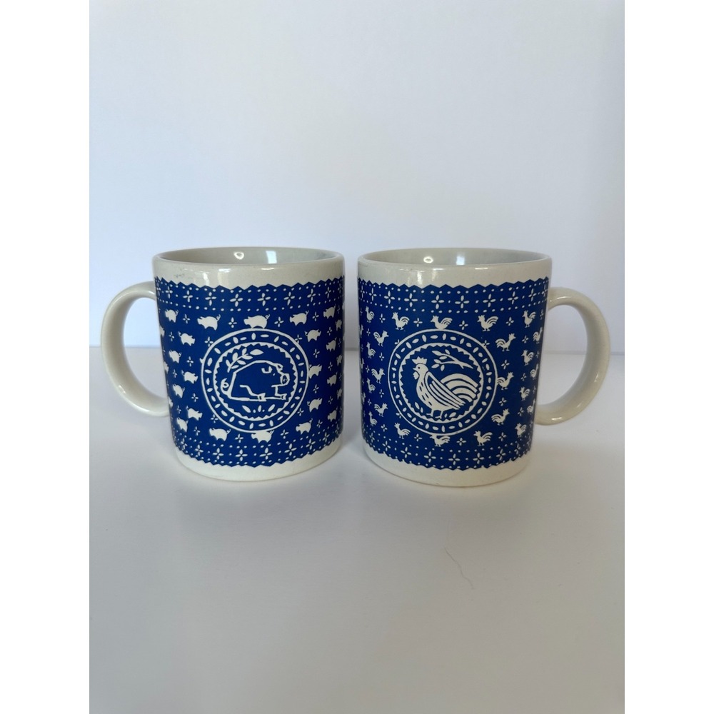Set of 2 Vintage Ceramic Rooster And Pig Mug Coffee‎ Tea Cup Blue  3.75"x3.25"